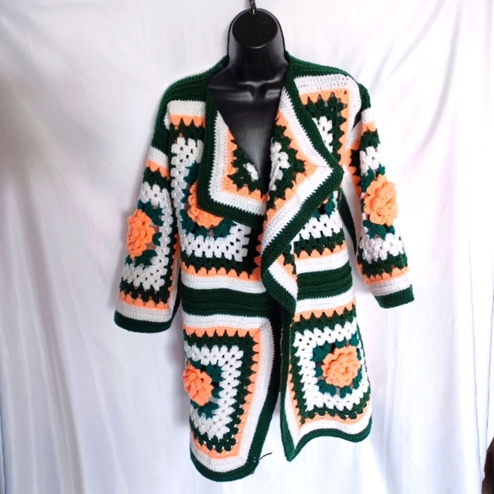 Handmade Crochet Granny Square Cardigan sz Med/large, peach, White, Forest green